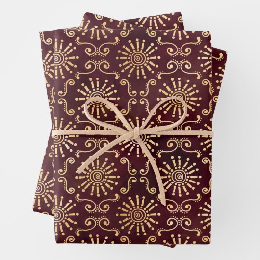Goldrunden und Wirbel in Dunkelrot Geschenkpapier Set (Beispiel)