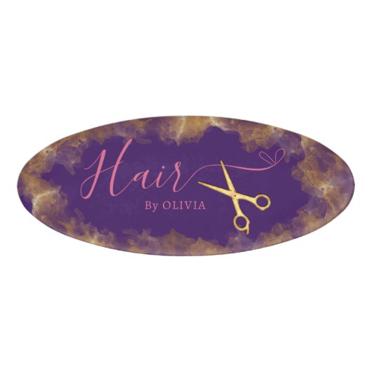 Goldschere Lila Haare Cut Schönheitssalon Elegante Namenschild (Vorderseite)