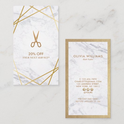 Goldschere Marmor HairStylist Discount Vertikal Visitenkarte (Vorne/Hinten)