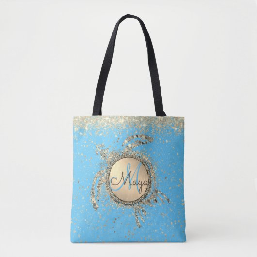 Goldschildkröten-Monogram-Glitzer auf BLue Tasche (Vorderseite)