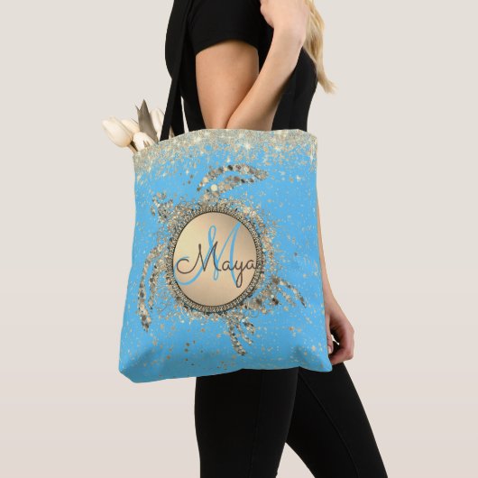 Goldschildkröten-Monogram-Glitzer auf BLue Tasche (Von Nahem)
