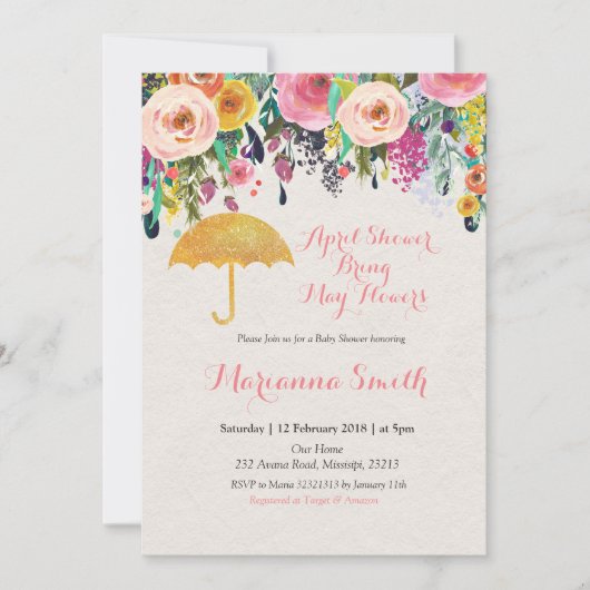 Goldschirm April Dusche bringen Mai Blume Einladung (Vorderseite)