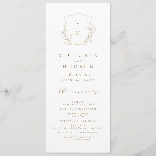 Goldschlichte Hochzeit mit botanischem Wappen Programm (Vorderseite)