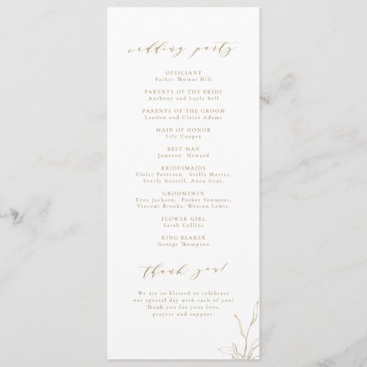 Goldschlichte Hochzeit mit botanischem Wappen Programm (Rückseite)