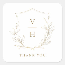 Goldschlichte Hochzeit mit botanischem Wappen Quadratischer Aufkleber