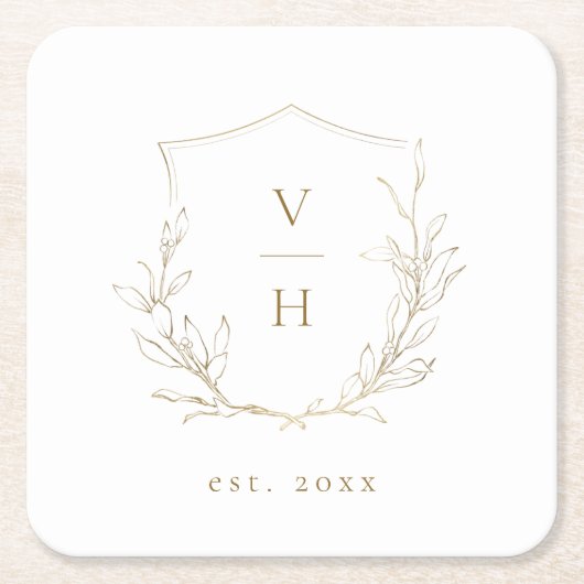 Goldschlichte Hochzeit mit botanischem Wappen Rechteckiger Pappuntersetzer (Vorderseite)