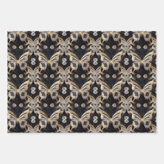 Goldschmetterling auf schwarzem Hintergrund Geschenkpapier Set (Vorderseite 3)