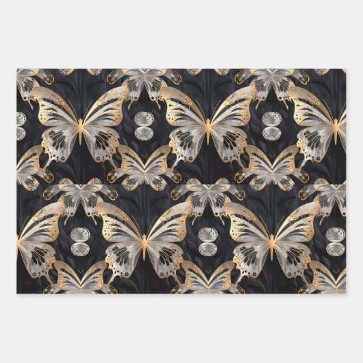 Goldschmetterling auf schwarzem Hintergrund Geschenkpapier Set (Vorderseite 2)