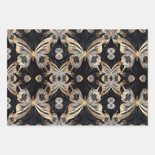 Goldschmetterling auf schwarzem Hintergrund Geschenkpapier Set (Vorderseite)
