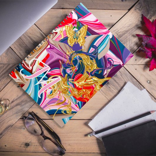 Goldschmetterling Swirl Pink Monogram Abstrakt flü Notizblock