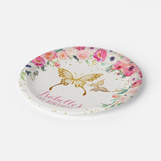 Goldschmetterlings-Blumen-Papierplatte Pappteller (Schrägansicht)