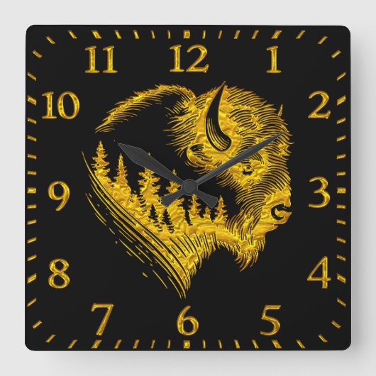 Goldschmiedeportrait mit Wald-Silhouette Quadratische Wanduhr (Vorderseite)