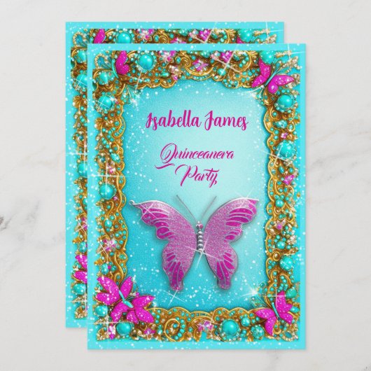 Goldschmuck aus Luxus-Rosa-Türkis-Glitzer extravag Einladung (Vorne/Hinten)