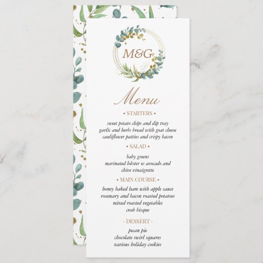 Goldschmuck-Grünpflanzen Hochzeitsmenü Einladung (Vorne/Hinten)
