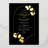 Goldschmuck inspiriert Rahmen und Blätter Hochzeit Folieneinladung (Vorderseite)