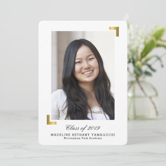 Goldschnappschuss-Abschluss-Mitteilungs-Foto-Karte Einladung (Stehend Vorderseite)