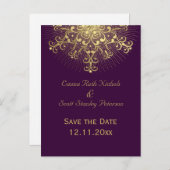 Goldschneeflocke lila Winterhochzeit Save the Date Ankündigungspostkarte (Vorne/Hinten)