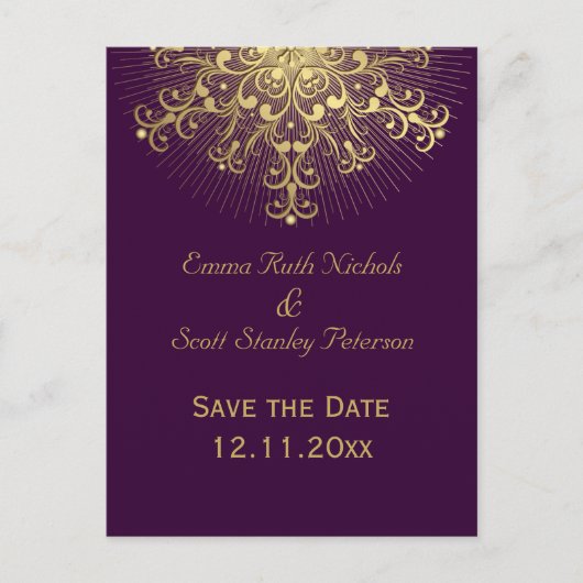 Goldschneeflocke lila Winterhochzeit Save the Date Ankündigungspostkarte (Vorderseite)