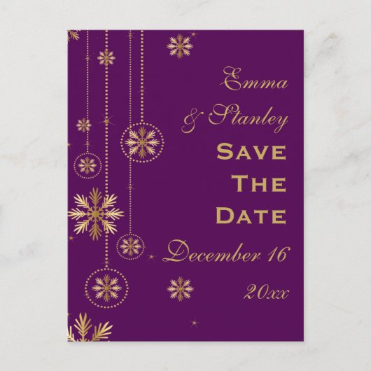 Goldschneeflocke lila Winterhochzeit Save the Date Ankündigungspostkarte (Vorderseite)