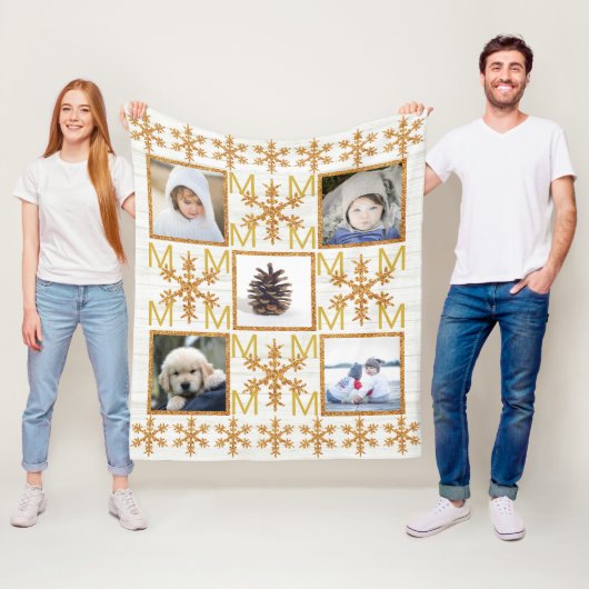 Goldschneeflocke Optionales Monogramm 5-Foto Fleecedecke (Beispiel)