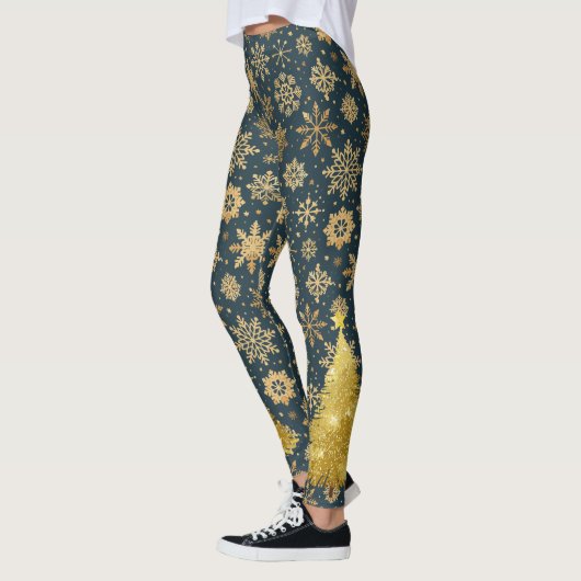 Goldschneeflocken auf Dunkelblau mit Baum Leggings (Links)
