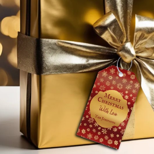 Goldschneeflocken auf düsteren, roten Weihnachtsbi Geschenkanhänger