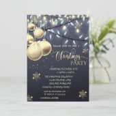Goldschneeflocken, Bälle, Lichter Blau Weihnachtsg Einladung (Stehend Vorderseite)