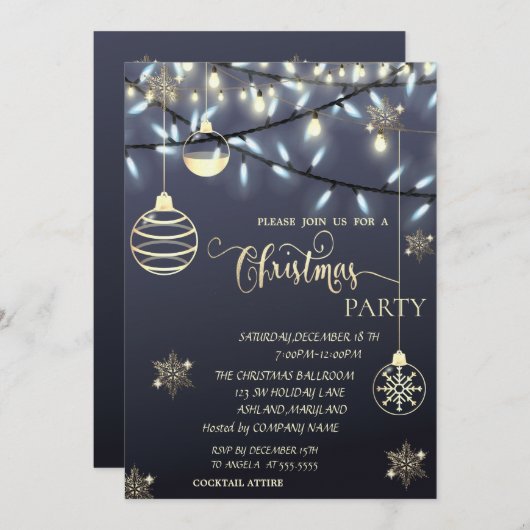 Goldschneeflocken, Bälle, Lichter Weihnachten Part Einladung (Vorne/Hinten)
