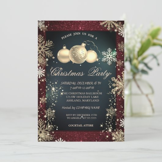 Goldschneeflocken, Balls Roter Glitzer Company Par Einladung (Stehend Vorderseite)