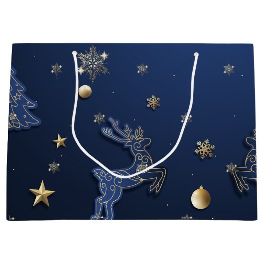 Goldschneeflocken Blauer Weihnachtsbaum Rentier Große Geschenktüte (Vorderseite)