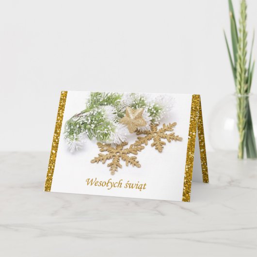 Goldschneeflocken, Fichte Polnische Weihnachtskart Feiertagskarte (Vorderseite)