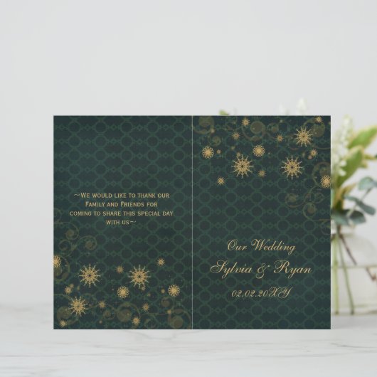 Goldschneeflocken Hochzeitsprogramme gefaltet (Stehend Vorderseite)