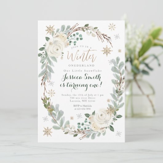 Goldschneeflocken Moderner Wald Rustikales Onederl Einladung (Stehend Vorderseite)