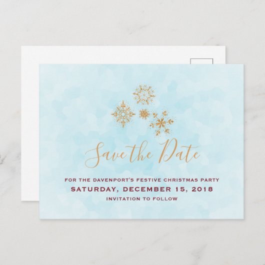 Goldschneeflocken Save the Date auf Blauer Frost Postkarte (Vorne/Hinten)