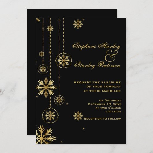 Goldschneeflocken Schwarze Winterhochzeit Einladung (Vorne/Hinten)
