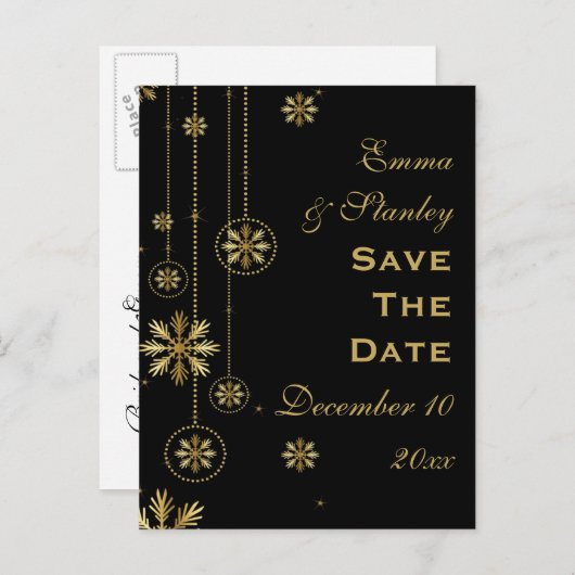 Goldschneeflocken - Schwarze Winterhochzeit Save t Ankündigungspostkarte (Vorne/Hinten)