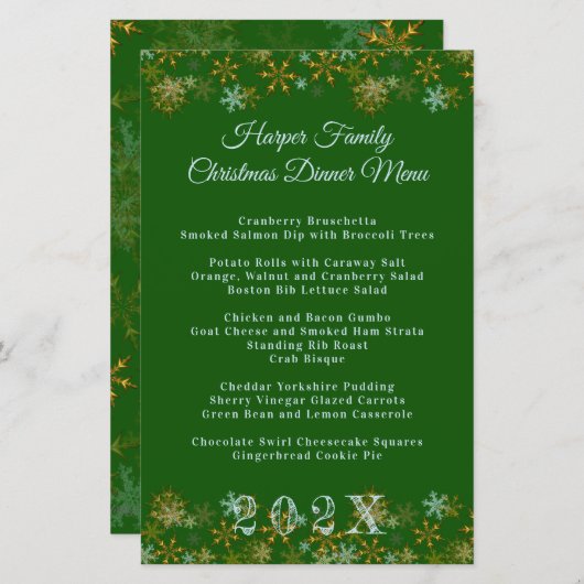 Goldschneeflocken Weihnachtsabendmenü Vorlage (Vorne/Hinten)