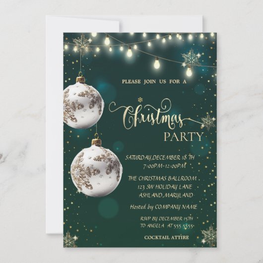Goldschneeflocken, weiße Bälle, Lichter, grüne Wei Einladung (Vorderseite)