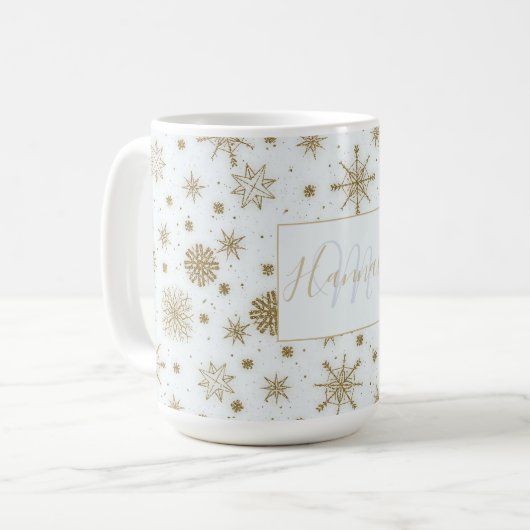 Goldschneeflocken Weißes Design Kaffeetasse (Vorderseite Links)