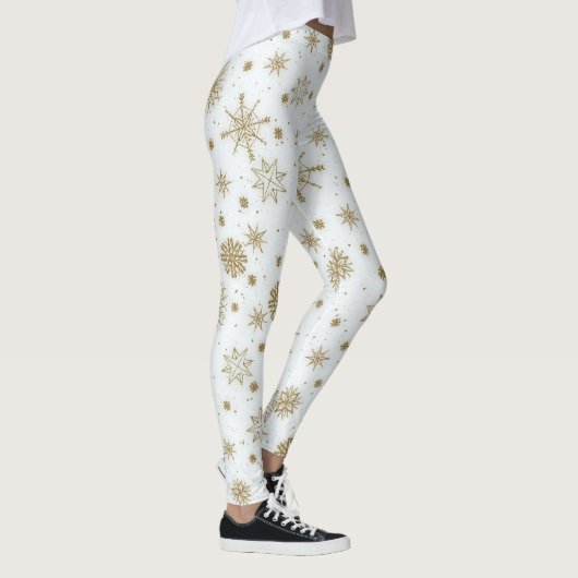 Goldschneeflocken Weißes Design Leggings (Rechts)
