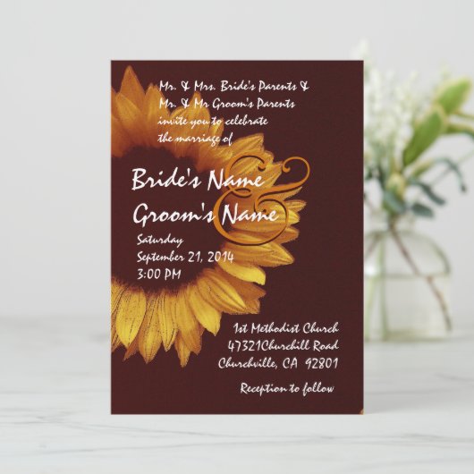 Goldschokolade Sonnenblumen Hochzeitsmetall Einladung (Stehend Vorderseite)