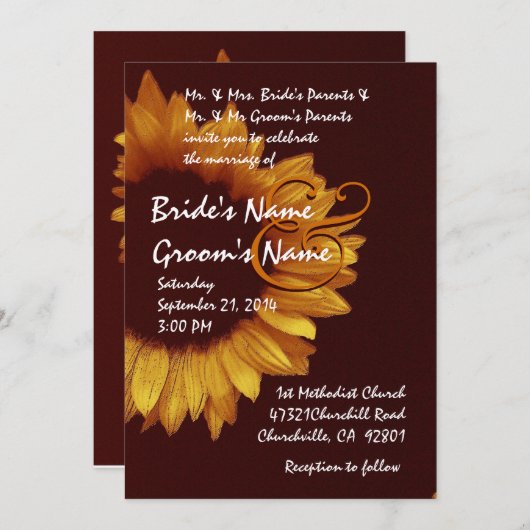 Goldschokolade Sonnenblumen Hochzeitsmetall Einladung (Vorne/Hinten)