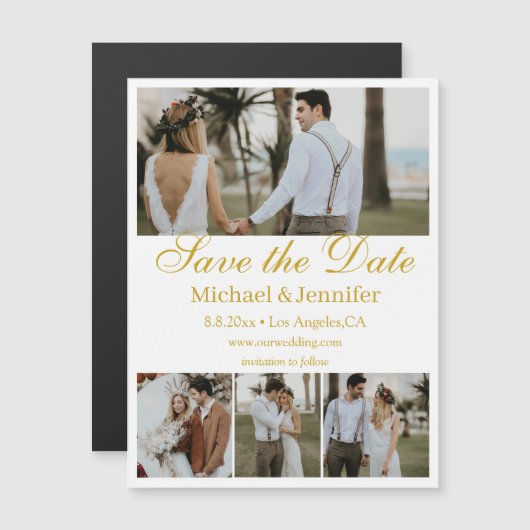 Goldschrift 4 Fotos Collage Save-the-Date-Magnet Magnetkarte (Vorne/Hinten)