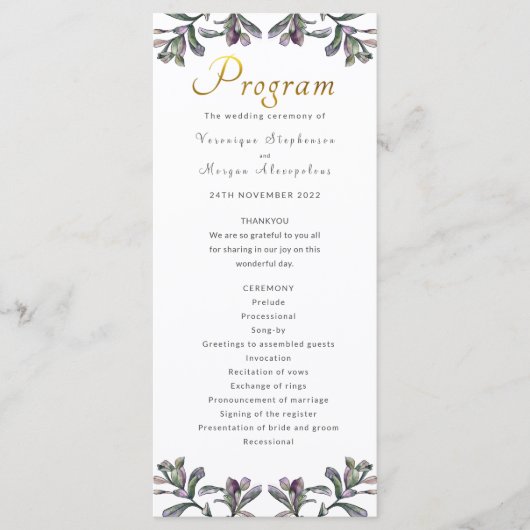 Goldschrift für das Hochzeitsprogramm tropisches B Programm (Vorderseite)