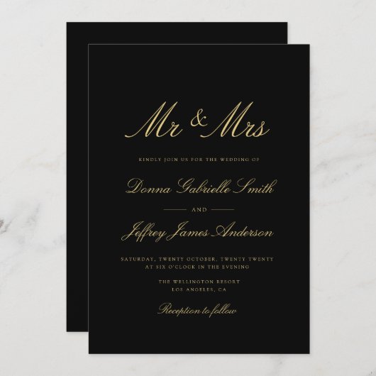 Goldschrift schwarz MR & MRS Einladung zur Hochzei (Vorne/Hinten)