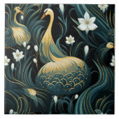 Goldschwäne, weiße Blume, chinesischer Kunsteinflu Fliese (Vorderseite)