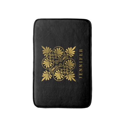 Goldschwarz-Ancient-Griechisch-Meander-Monogramm Badematte (Vorderseite Vertikal)