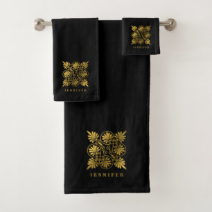 Goldschwarz-Ancient-Griechisch-Meander-Monogramm Badhandtuch Set