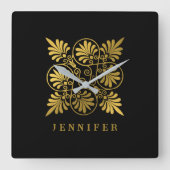 Goldschwarz-Ancient-Griechisch-Meander-Monogramm Quadratische Wanduhr (Vorderseite)