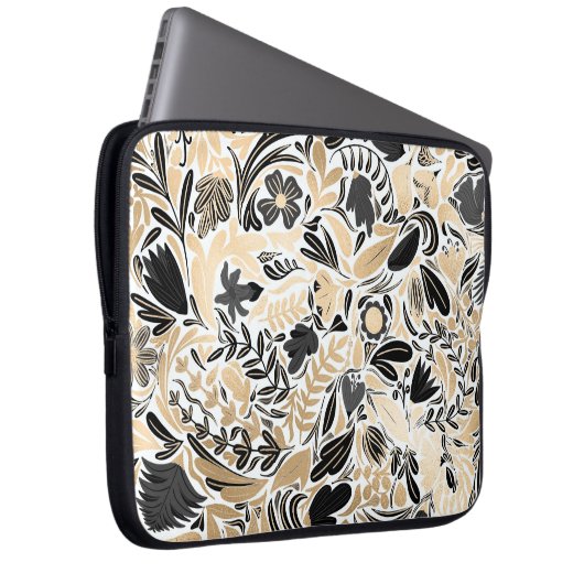 Goldschwarz-Blumen-Blätter-Illustrationsmuster Laptopschutzhülle (Vorne Rechts)